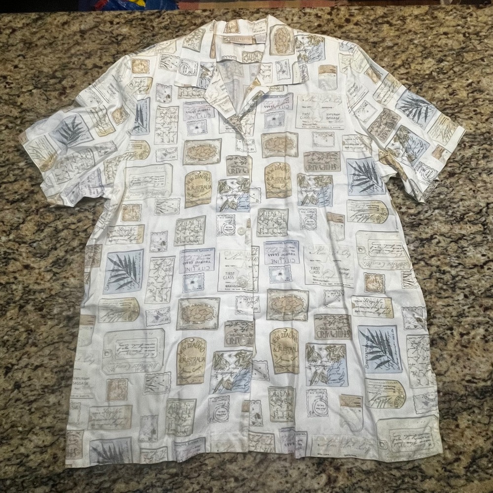 Vintage Elisabeth Liz Claiborne Travel Stamp Postcard Print Shirt Women 18 Rayon
